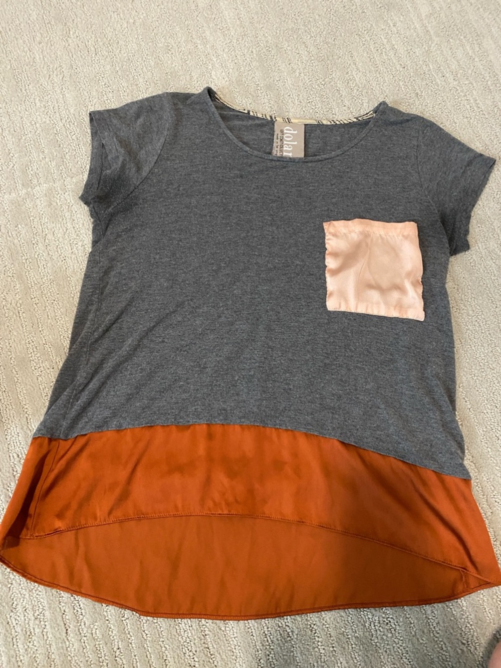 dolan Charcoal Gray Tee with Rust Hem and Blush Pocket